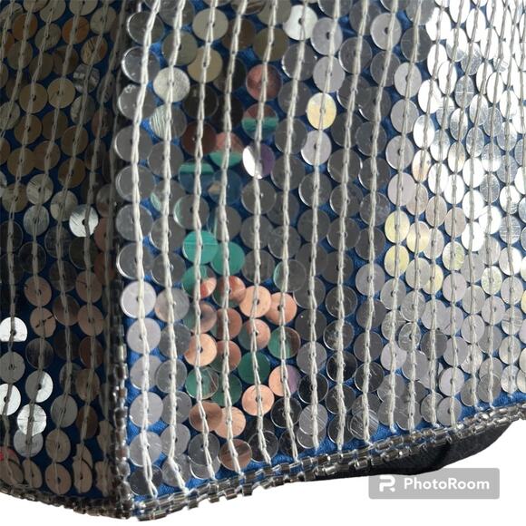 Vintage 80s Joseph le Bon Silver Blue Sequin Silk Short Sleeve Blouse Size Med - Picture 6 of 9